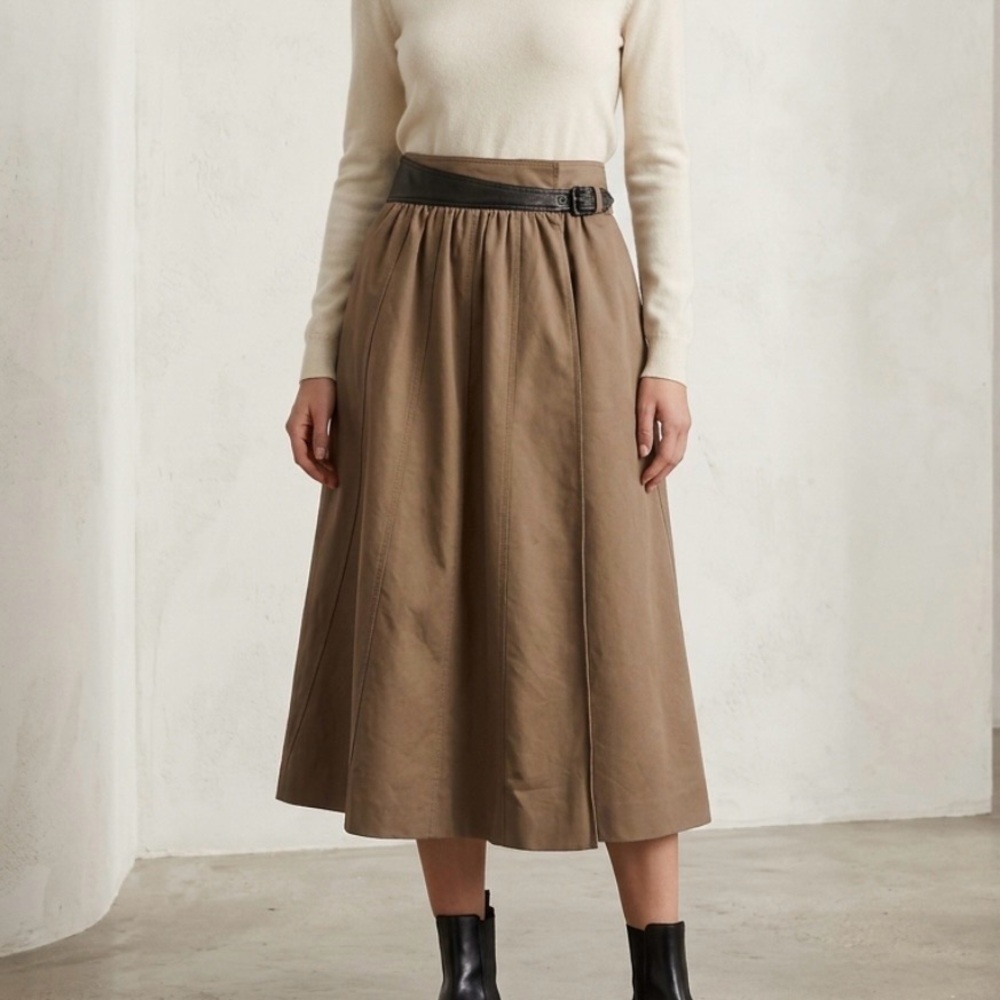 Vintage BOGNER Khaki Midi‎ Skirt with Leather Trim Waist – Rare Find! Size 4
